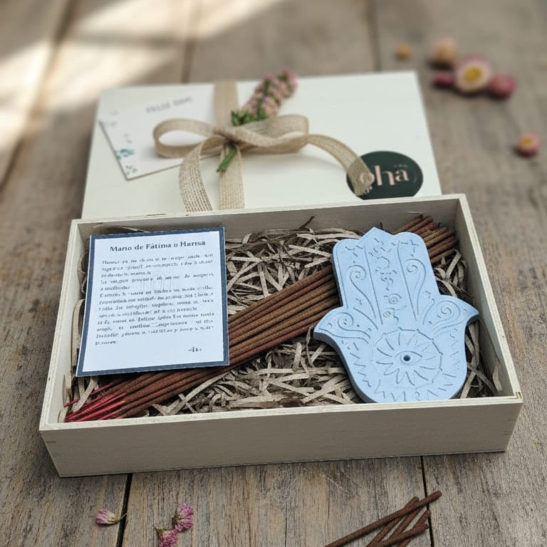 Kit Hamsa - Portainciensos concreto, inciensos, leyenda Hamsa, caja madera