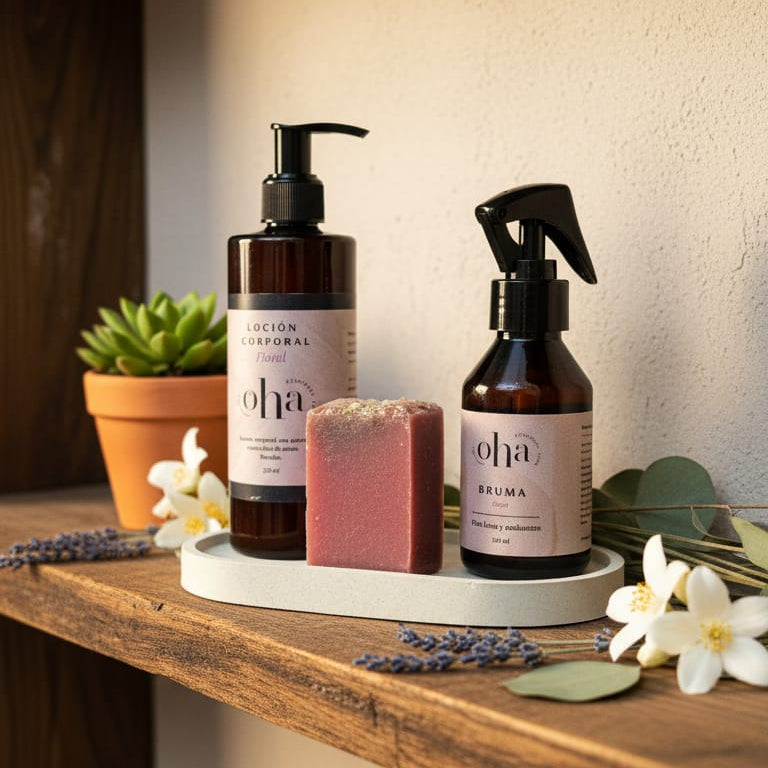 Regalo gratitud - Jabón artesanal, crema corporal, bruma para linos, bandeja de concreto